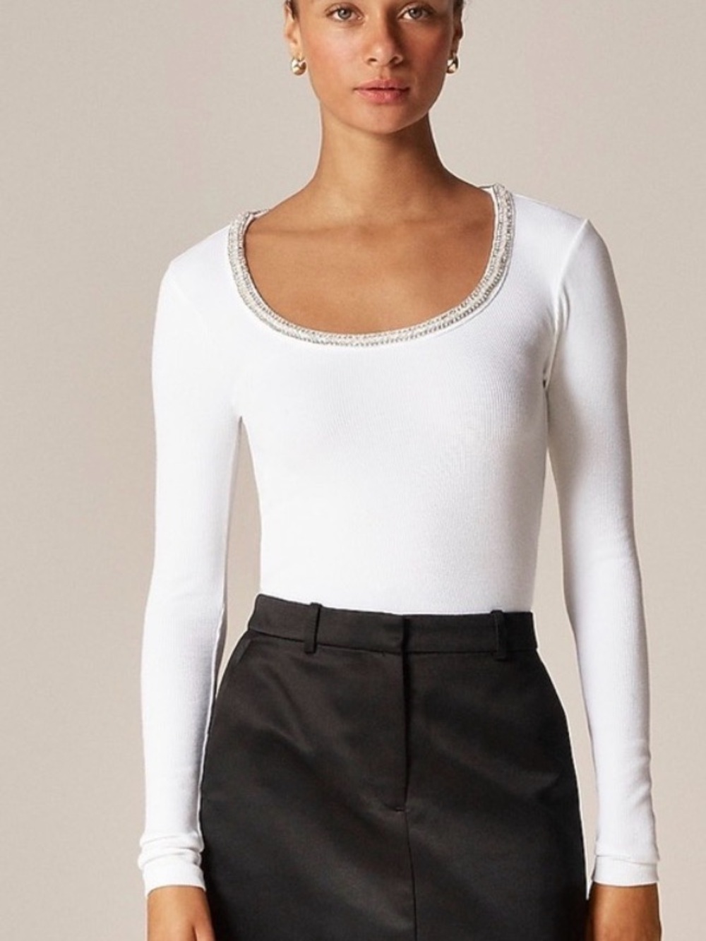 NWT Large J. Crew White Long-Sleeve Embellished Scoop Neck Top in Cotton/Modal